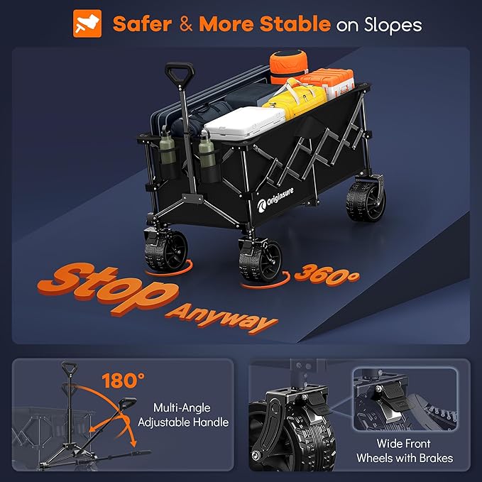 38"L Collapsible Wagon Cart Foldable, 460lbs Weight Capacity 220L Heavy Duty Folding Beach Wagons with Big All-Terrain Wheels, Utility Carts for Groceries, Shopping, Camping, Sports - Black