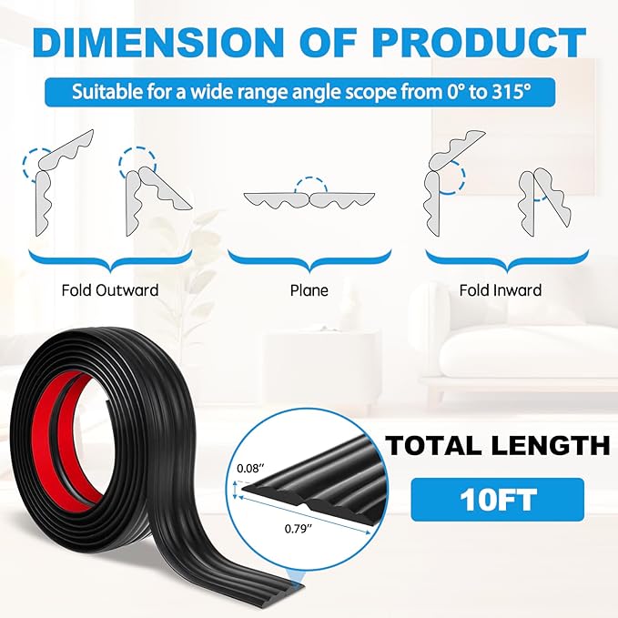 Wall Corner Protector Peel and Stick Corner Trim Molding Flexible Inside & Outside Wall Edge Guard Self Adhesive Moulding Trim for Edge Use, Black, 0.8” W x 10’ L