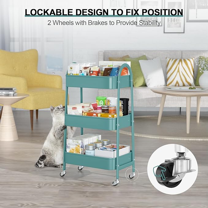 EAGMAK 3 Tier Utility Rolling Cart, Metal Storage Cart with Handle and Lockable Wheels, Multifunctional Storage Organizer Trolley with Mesh Baskets for Kitchen, Living Room, Office, Garage (Green)