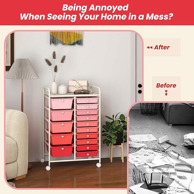 GOFLAME 15-Drawer Rolling Storage Cart, Multipurpose Movable Organizer Cart, Utility Cart for Home, Office, School, Pink