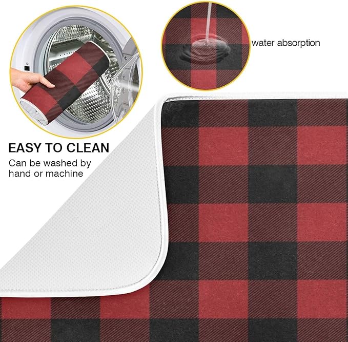 Red and Black Buffalo Plaid Dish Drying Mat 18x24 for Kitchen Merry Christmas Winter Xmas Dishes Pad Dish Drainer Rack Mats Absorbent Fast Dry Kitchen Accessories