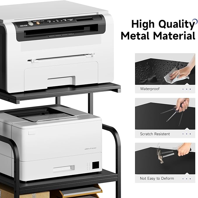 Printer Stand, 24''×24''×29'' Large Printer Table for Home Office with Locking Casters, Heavy Duty Sturdy 3-Tier Rolling Cart with Adjustable Shelf, Mini Fridge Stand, Home Office Essentials, Black