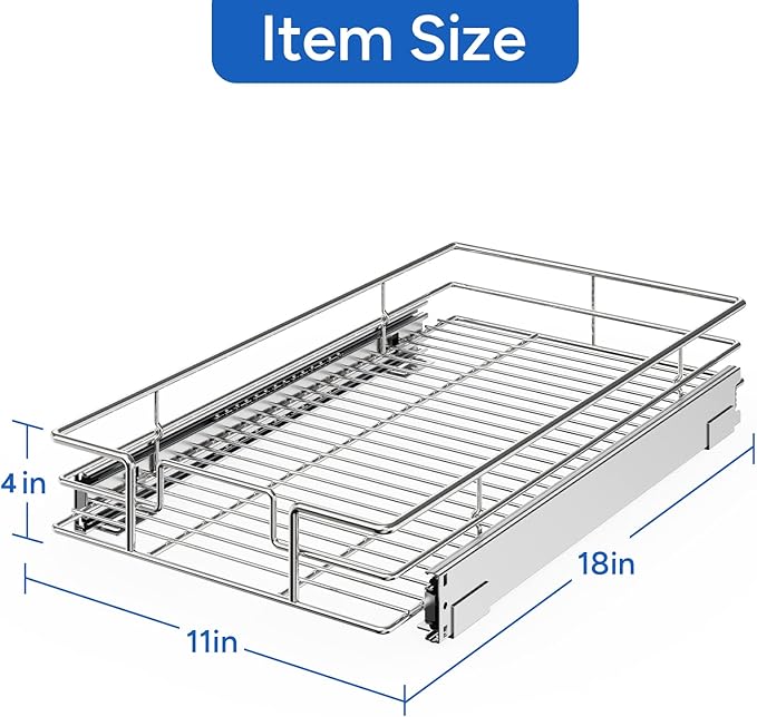 ROOMTEC Pull Out Cabinet Organizer, Cabinet Pull Out Shelves 11" W x 18" D, Heavy Duty Cabinet Drawers Slide Out Kitchen Cabinet Organizers Storage Shelf