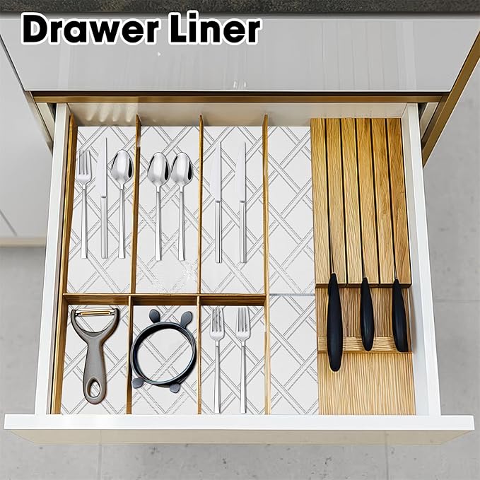 Drawer and Shelf Liner for Kitchen Cabinets Non-Adhesive, Non-Slip Cabinet Liner Shelf Paper Strong Grip Waterproof Easy to Clean for Kitchen Shelves Cupboard,Silver Geometric,12IN X 30FT
