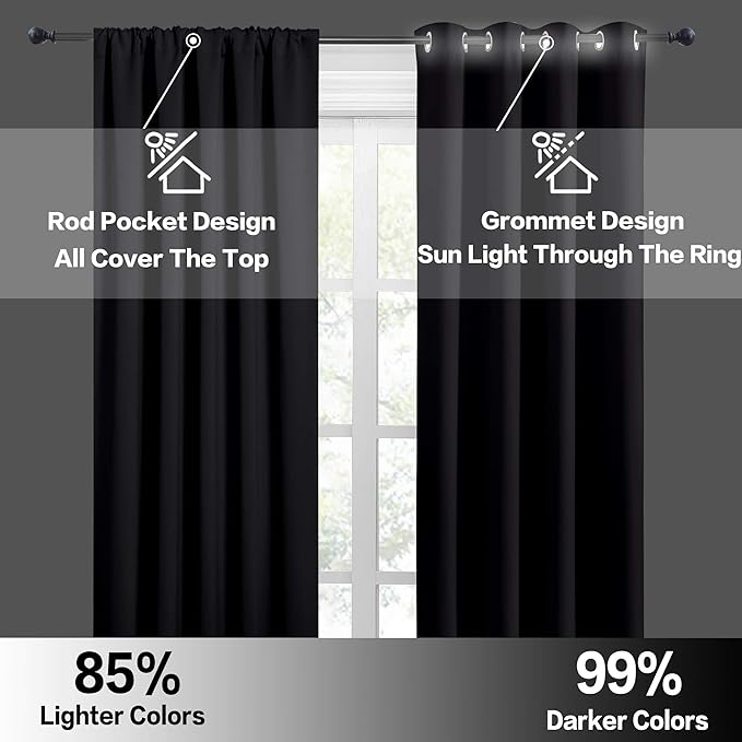 RYB HOME Blackout Curtains 63 inches Long - Energy Saving Insulation Large Window Curtain Blinds for Bedroom Living Room Dining Basement Home Office, W 70 x L 63 per Panel, Black, 2 Pcs