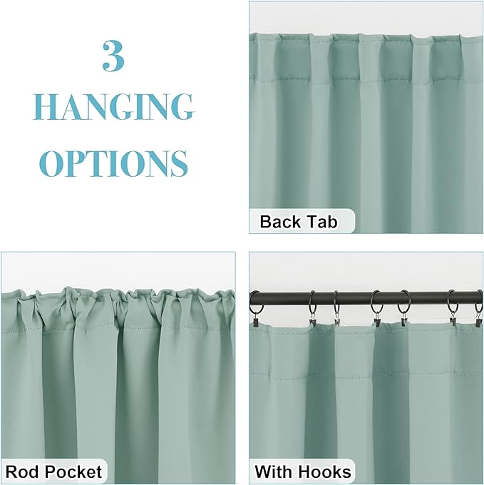 RYB HOME Blackout Curtains for Bathroom - Thermal Insulated Light Block Small Window Curtains, Back Tab Top Coastal Drape for Kitchen Kids Bedroom Home Office, Wide 42 x Long 45 inches, Aqua, 2 Panels