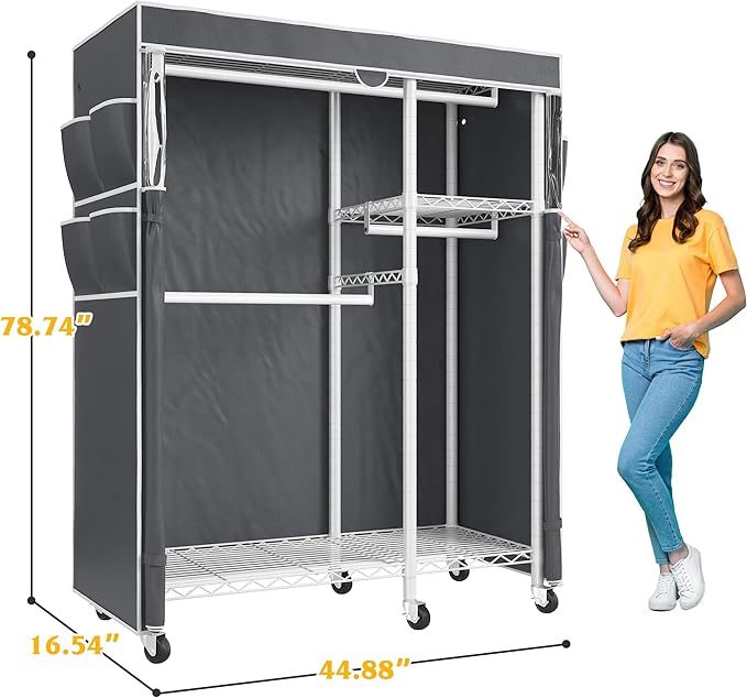 Raybee Clothes Rack with Cover,Clothing Racks for Hanging Clothes with Wheels and Adjustable Feets,Rolling Heavy Duty Garment Rack,White