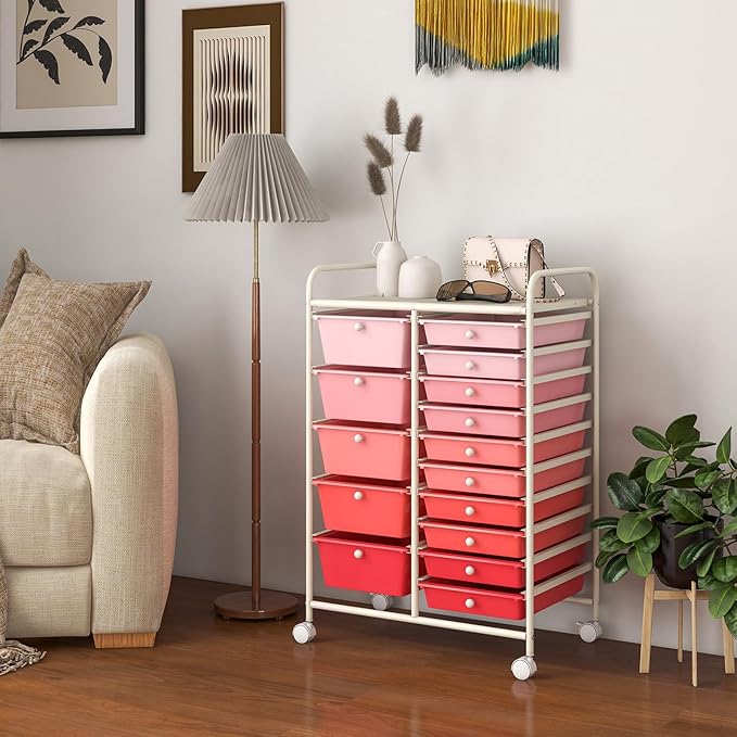 GOFLAME 15-Drawer Rolling Storage Cart, Multipurpose Movable Organizer Cart, Utility Cart for Home, Office, School, Pink