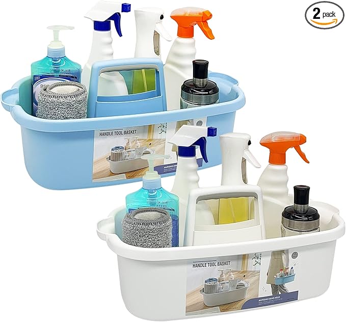2 Pack Multi-Purpose Plastic Cleaning Caddy with Handle, Shower Caddy Organizer/Storage Basket/Totes Portable for Bathroom Supplies, Cleaning Products, Under Sink Tool. (blue+white)