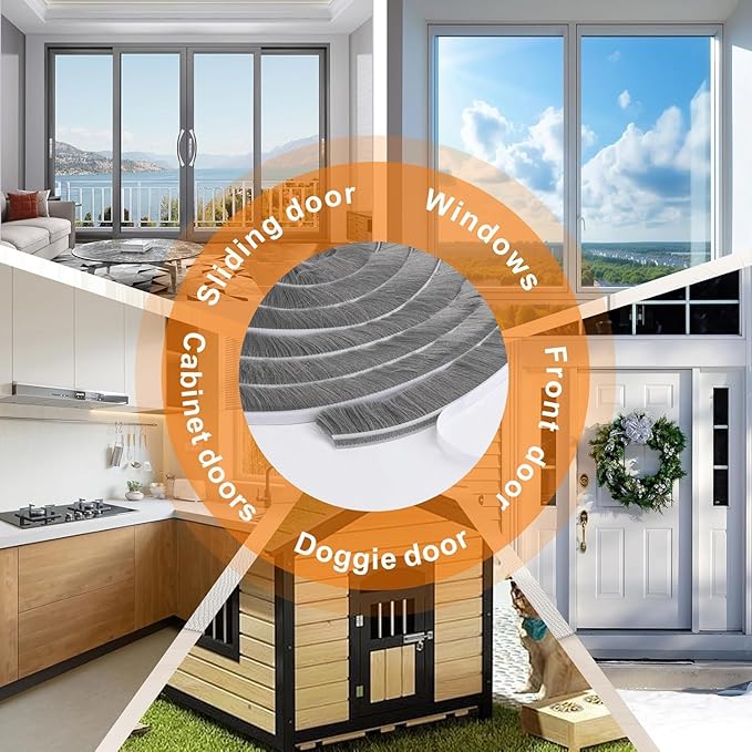 16.5FT Brush Weather Stripping, Neat Pile Self Adhesive Seal Strip for Windows and Door, Weatherstrip for Soundproofing, Windproof, Dustproof, Stronger Stickiness, 0.35'' Wide x 0.35'' Thick, Grey
