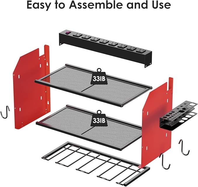 CCCEI Modular Power Tool Organizer Wall Mount with Charging Station. Garage 4 Drill Storage Shelf with Hooks, Screwdriver, Drill Bit Heavy Duty Rack, Tool Battery Holder Built in 8 Outlet Power Strip.
