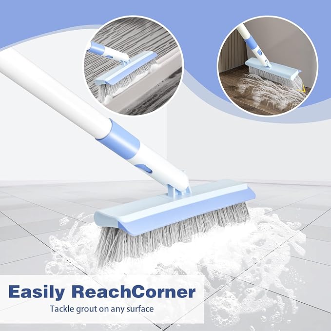 Floor Scrub Brush and V-Shape Grout Brush with Long Handle 3 in 1 Replaceable Head Scrape Brush Stiff Bristle with Swivel Head for Cleaning Tiles Hardwood Floors Patios Blue