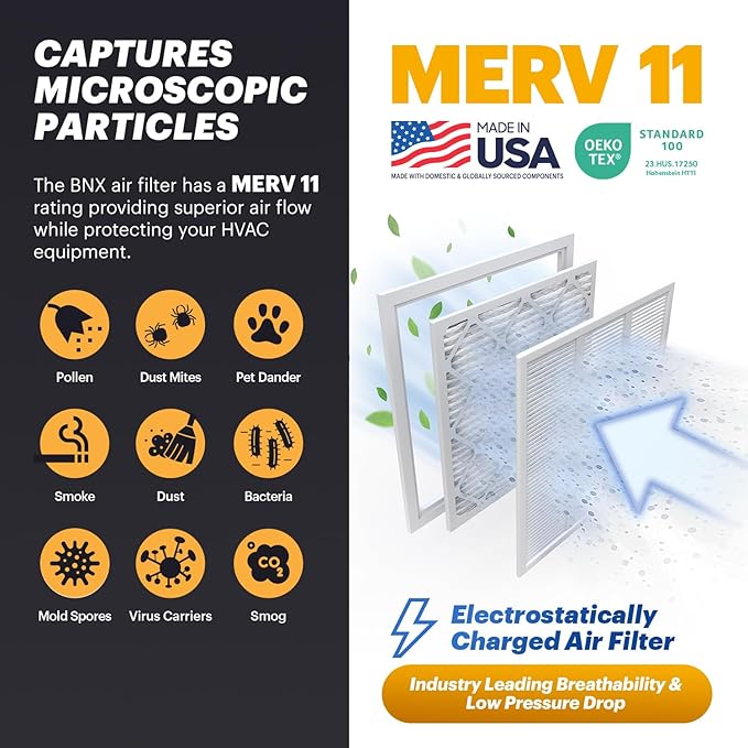 BNX TruFilter 14x20x1 Air Filter MERV 11 (6-Pack) - MADE IN USA - Allergen Defense Electrostatic Pleated Air Conditioner HVAC AC Furnace Filters for Allergies, Dust, Pet, Smoke, Allergy MPR 1200 FPR 7