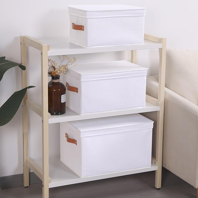 Fabric Storage Bins, Clothes Boxes for Shelves with Lids, 3 Pack Baskets for Organizing with Handles, Decorative Linen Closet Organizers, White, 16.5 x 11.8 x 10.2 Inch