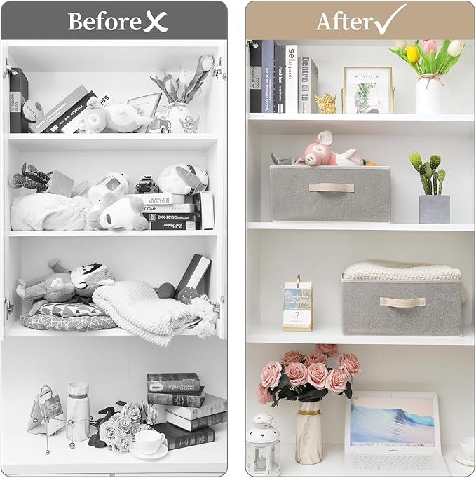 Storage Baskets, 15.7-Inch Woven Fabric Bins, Storage Cubes with Reinforced Handles, Organizer Bins for Closet Shelves, Foldable, for Toys, Clothes, Natural Beige (4PCS/Beige-15.7*11*7.8inch)