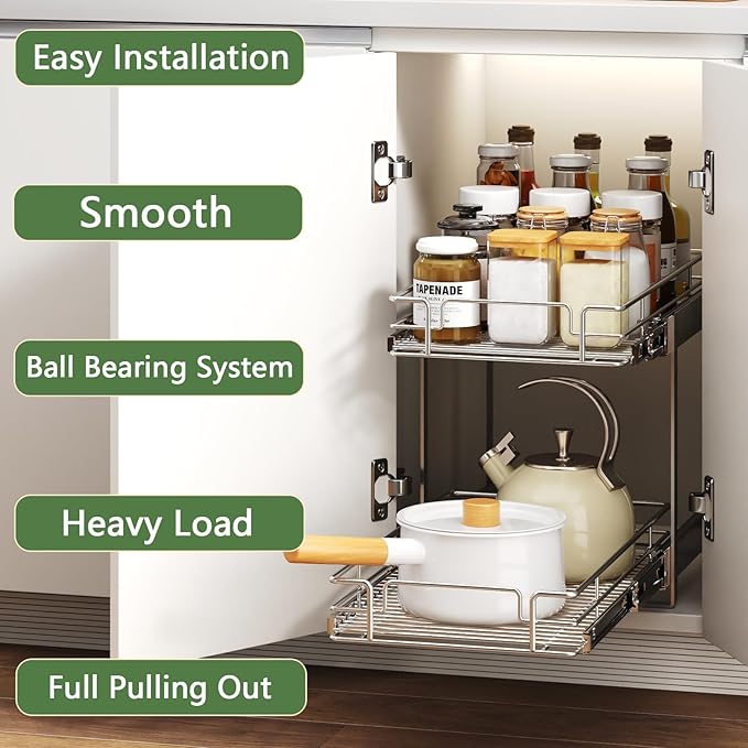 2 Tier Individual Pull Out Cabinet Organizer 15½" W x 21½" D, Heavy Duty Cabinet Pull Out Shelves, Slide Out Drawers Organization for Kitchen Cabinets Bathroom
