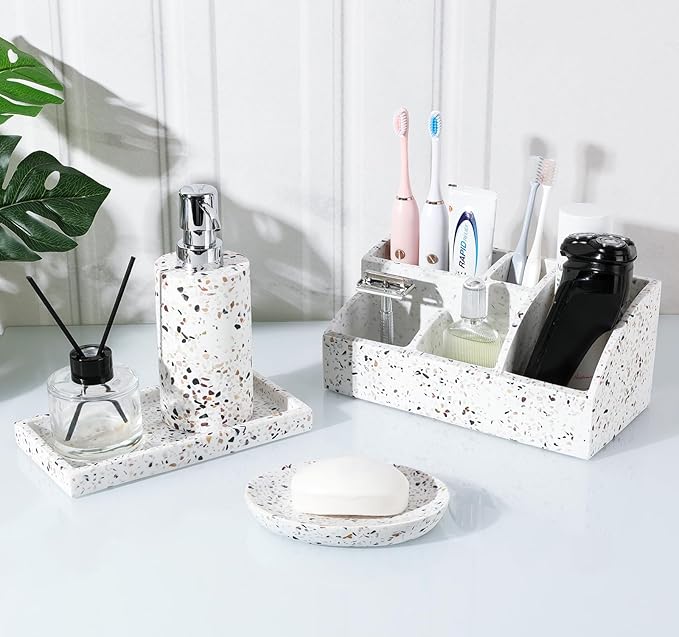 Luxspire Soap Dish, Resin Soap Tray Soap Holder Container Box, Oval Soap Plate Case, Non-Slip, Multi-Purpose Soap Holder, Bathroom & Kitchen Countertop, Terrazzo