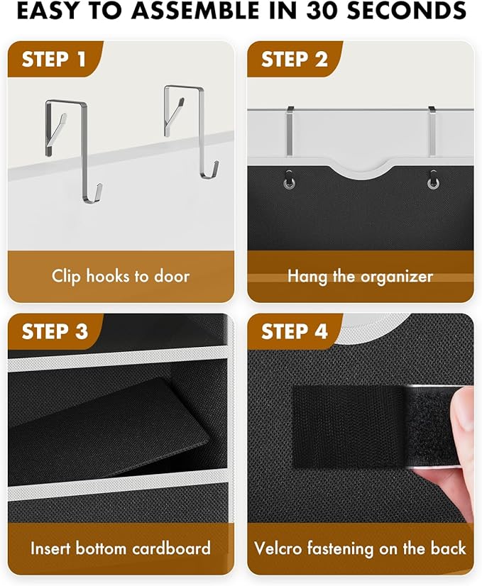 Over The Door Organizer Hanging - 6 Shelf Over Door Organizer with 6 Clear Front & 12 Side Pockets - 50LB Load Behind Storage for Closet Bedroom Bathroom Nursery Baby Essentials(Black)