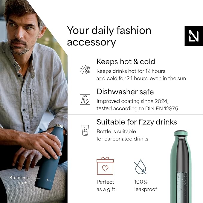 LARS NYSØM Stainless Steel Insulated Water Bottle 12oz 17oz 25oz 34oz 51oz | Insulated Thermo Flask for Hot and Cold Beverages | Leakproof Drinking Bottle (Aqua Turquoise, 33.9 oz)
