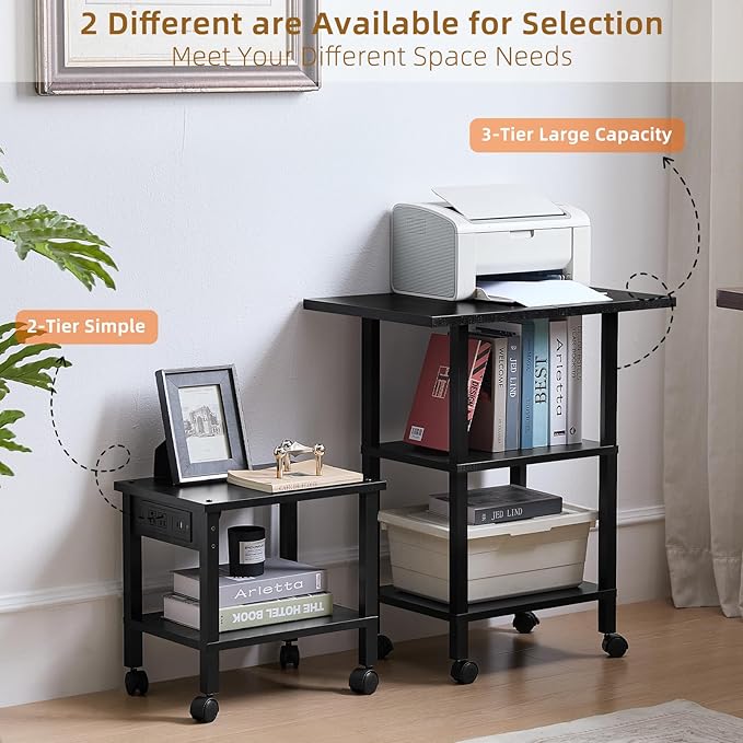 Lerliuo Under Desk Printer Stand with Charging Station, 2 Tier Wooden Small Printer Table with Storage, Rolling Printer Cart Shelf with Lockable Wheels for Home, Office (Black)