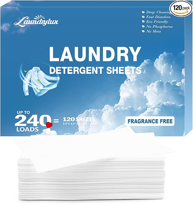 Laundry Detergent Sheet, Eco-Friendly & Hypoallergenic Wash Strips, Natural Ingredients, Ultra-Concentrated, Travel-Ready, No Plastic Jug- Unscented, (240 Loads) 120 Sheets