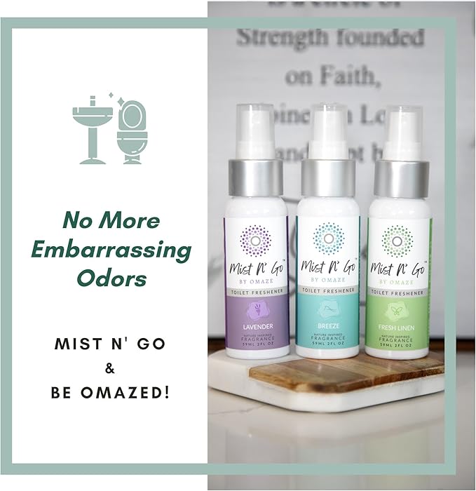 Mist N’ Go by Omaze Travel Bathroom Spray for Toilet Spray Odor Eliminator - Travel Toilet Spray for Bathroom Air Freshener Spray for Bathroom Deodorizer - Fresh Linen Regular Size (2oz x3)