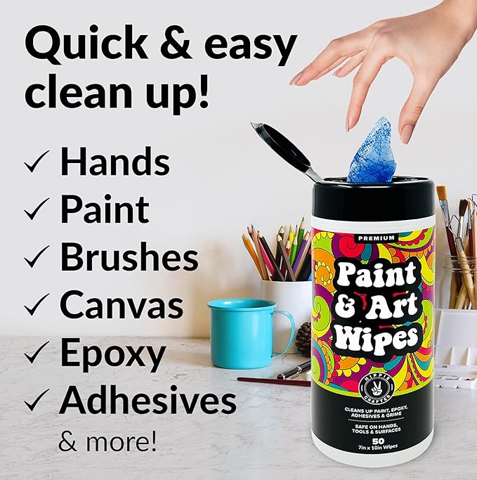 Paint and Art Wipes, Heavy-Duty Cleaner for Paint, Epoxy, Glue, Latex & Acrylic Stains, 1 Pack (50 Wipes), Safe for Hands, Brushes, Plastic, Metal, Wood & Floors
