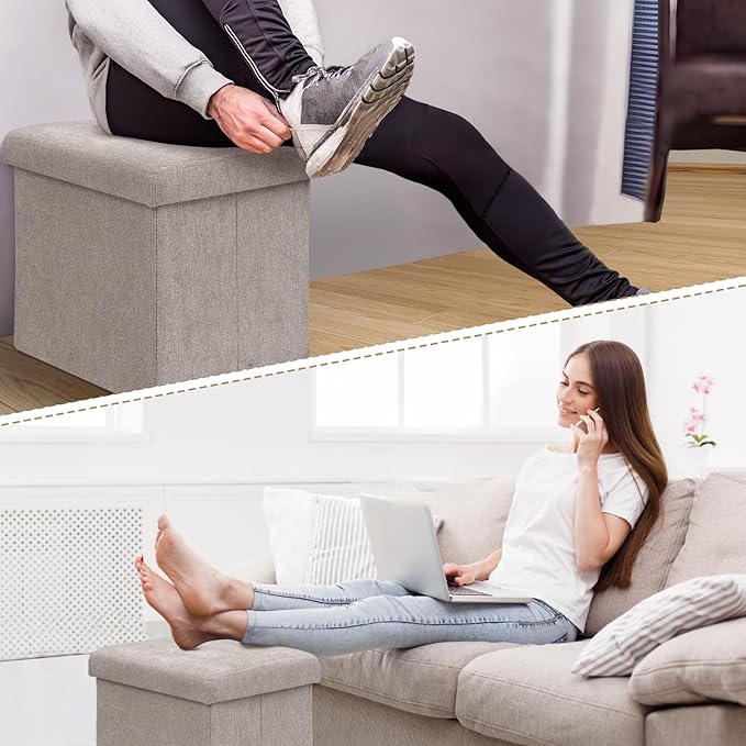 Athena Collection 15" Storage Ottoman Bench Folding Bench with 40L Hidden Storage, Small Cube Ottoman Linen Foot Rest Stool Chest with Flipping Lid for Living Room, Bedroom, Entryway, Sandy Beige