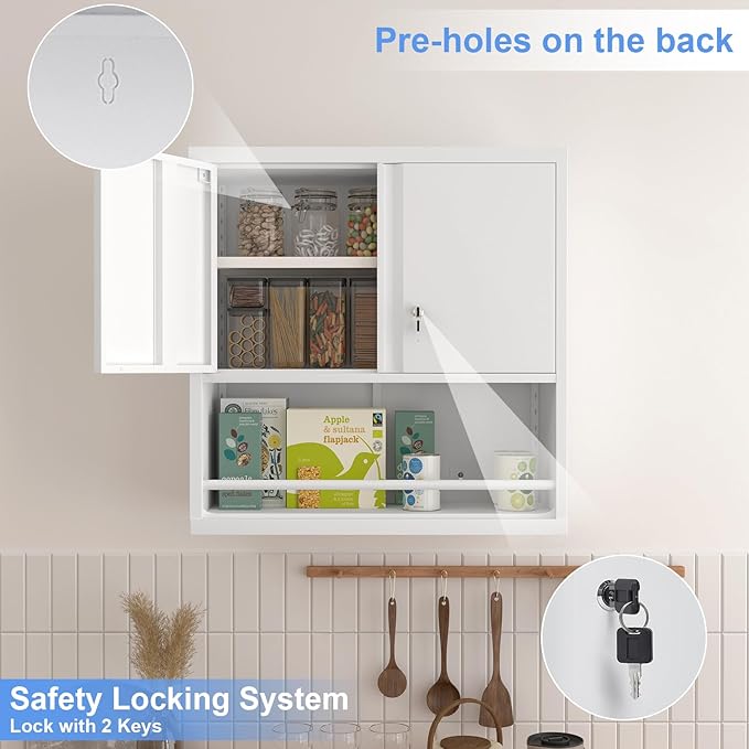 Metal Wall Storage Cabinet, Steel Storage Cabinets with Locking Doors and Shelves, Hanging Cabinet with Guard Bar, Ideal for Kitchen, Laundry, Home Office
