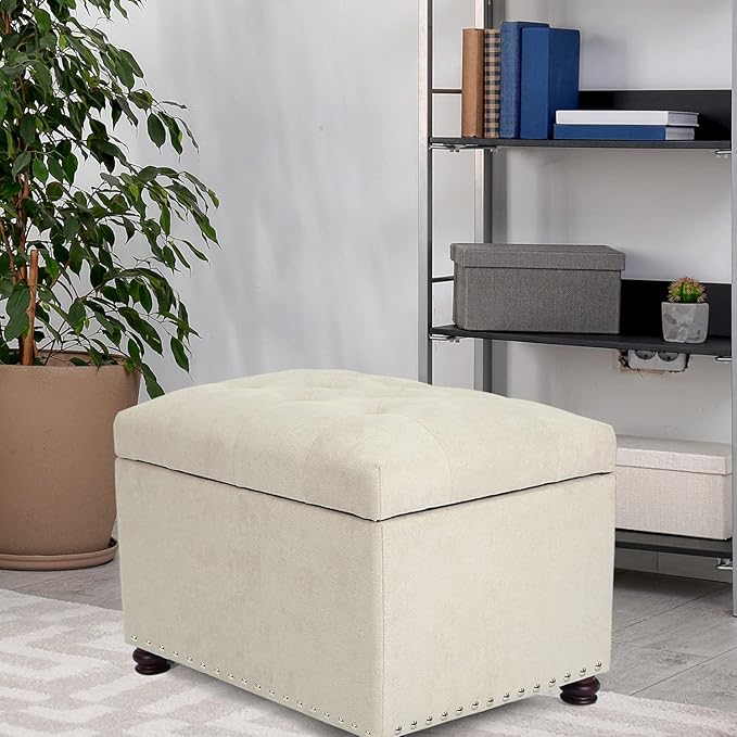 Joveco Storage Ottoman, 24" Fabric Rectangle Tufted Bench Foot Rest Stool for Living Room Bedroom, Beige