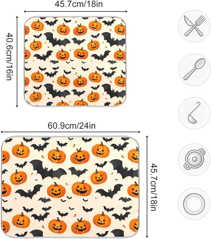 Halloween Black Bat Dish Drying Mat for Kitchen Countertop 18x24 Spooky Evil Pumpkin Lantern Large Drying Mat Reusable Quick Dry Dish Sink Mats Easy Clean Decorative Essentials