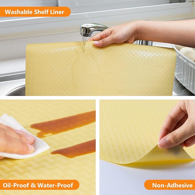 Shelf Liners for Kitchen Cabinets Refrigerator Liners Waterproof Kitchen Cupboard Liner Non Adhesive Drawer Mats EVA Material Fridge Liner for Shelves - Yellow Beige 17.5 x 393.7 Inches