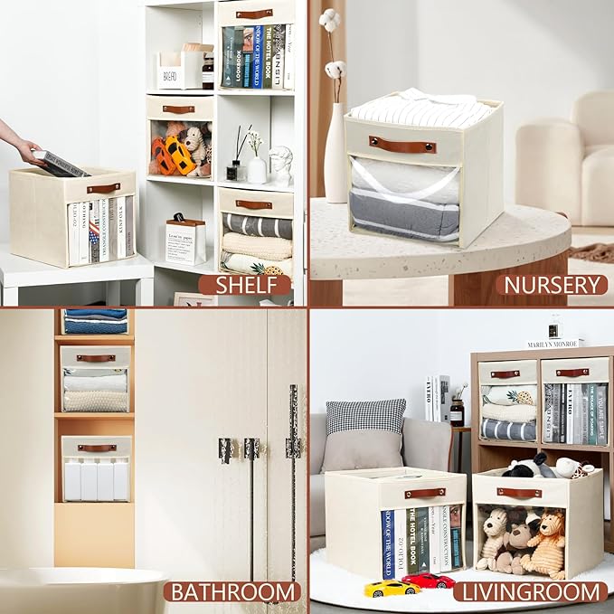 HNZIGE Fabirc Storage Cubes Bin 13x15x13 Clear Storage Cube, 4 Pack Foldable Cloth Cubby Storage Bins for Cube Organizer Closet Cabinet, Large Fabric Storage Bins for Shelves Organizer Bins- Cream