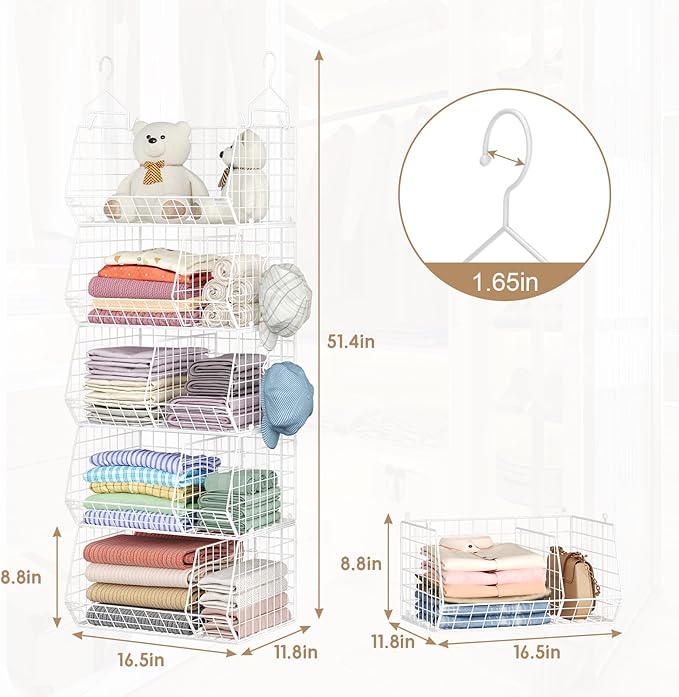 5 Tier Extra Large Closet Hanging Shelves with Divider,2 Pair Hook,16.5"L x 11.8"W x 51.4"H Closets Organizers and Storage,Clothes Organizer Clothing Sweaters Shoes Handbags Clutches Accessories-White