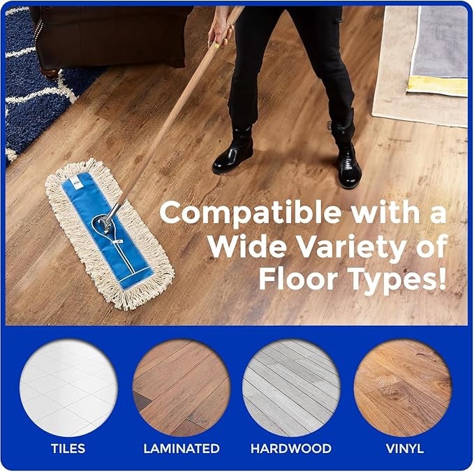 Nine Forty 36" Premium Cotton Dust Mop Kit - Heavy Duty Mop Head with Wood Handle for Industrial, Commercial, and Residential Cleaning - Dry Floor Duster for Hardwood Surfaces - White