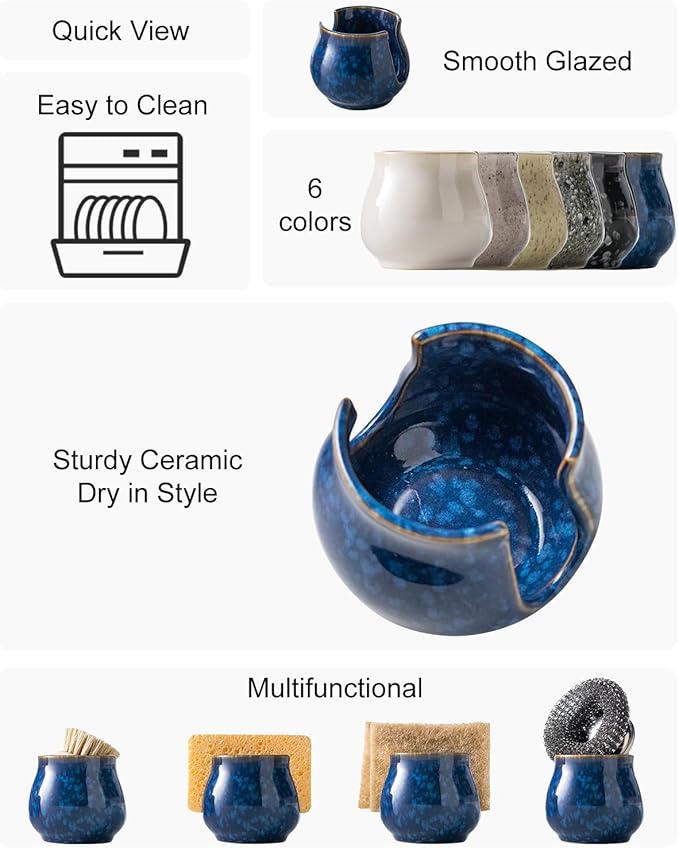 Ceramic Sponge Holder, Kitchen Sink Scrubby Caddy Organizer Dish Sponge Dish Rack for Scrubbers, Bathroom, Sink, Blue