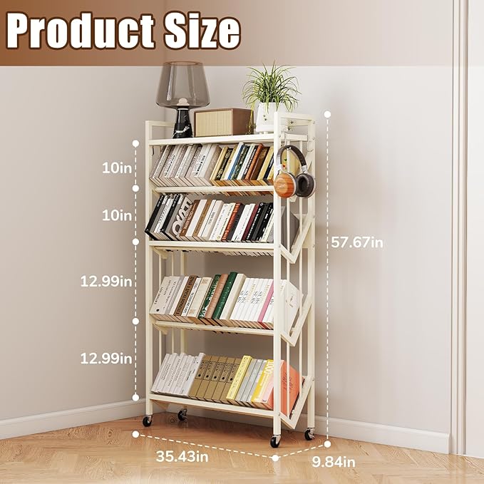 Book Carts 5 Tier 57.7x35.4x9.84 in Rolling Book Cart Large Capacity Bookshelf Storage Rack Mobile Book Storage with Wheels Cart for Home Office Living Room Classroom (5 Tier White)
