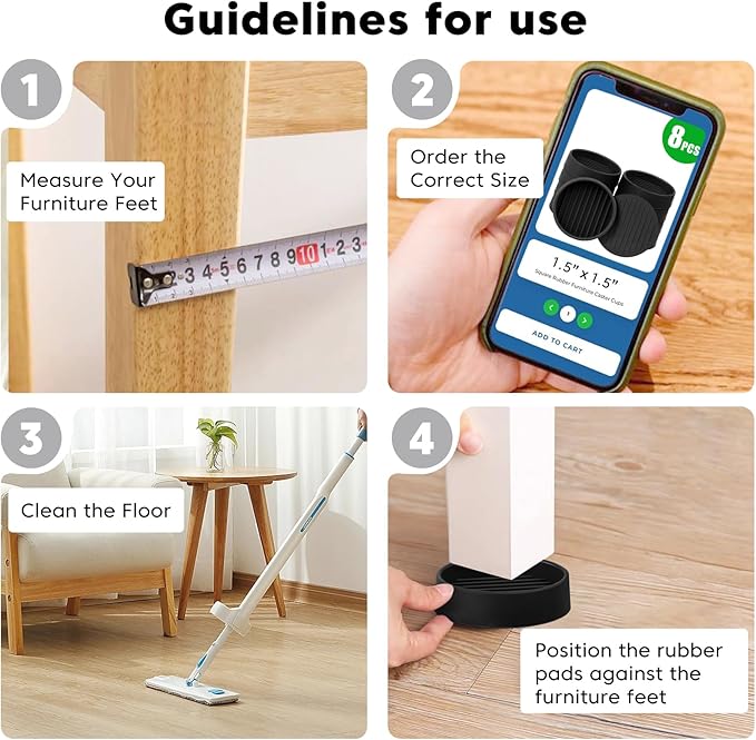 Rubber Furniture Pads Non Slips Furniture Casters Cup Chair Leg Floor Protectors for Bed Sofa Table and Chair Stopper (Pack of 8,Black 1.5" x 1.5" Round)