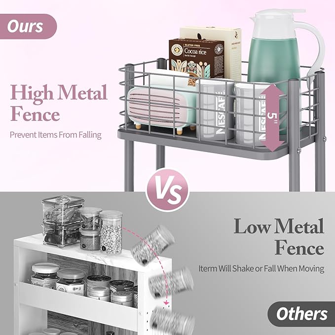 KINGRACK 3 Tier Metal Rolling Cart, Kitchen Organizers and Storage, Slim Storage Cart on Wheels, Laundry Room Organization, Diaper Cart Shelving Unit for Bathroom, Office, Bedroom, Grey