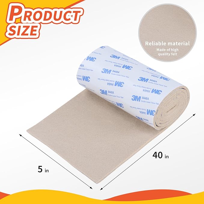 Felt Furniture Pads, Non Slip Self Adhesive Cuttable Felt Tape Beige Heavy Duty Felts Strip Roll for Protecting Hardwood Floors Chair Wall Protector (40 x 5 x 0.12 Inch, 2 Pack)