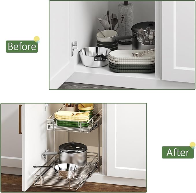 2 Tier Individual Pull Out Cabinet Organizer 14½" W x 21½" D, Heavy Duty Cabinet Pull Out Shelves, Slide Out Drawers Organization for Kitchen Cabinets Bathroom