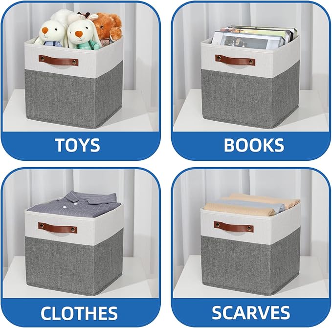Temary Cube Storage Bins 4 Pack Storage Cubes 11×11 Fabric Storage Bins Foldable Cube Storage Baskets with Handles, Collapsible Storage Basket for Shelf (White & Grey, 11 x 11 x 11)