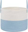 Woven Blanket Basket,65L Large Rope Storage Bin with Handles, Organizer for Blankets Toys Book and Clothes, Laundry Basket for Living Room Bedroom Nursery,White&Blue