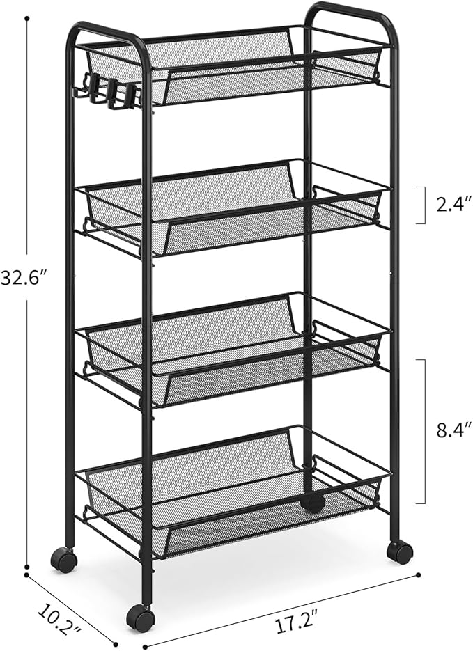 TOOLF 4-Tier Rolling Cart, Metal Utility Cart with 3 Hooks, Easy Assemble Mobile Storage Trolley On Wheels, Metal Shelving Units Kitchen Bathroom Laundry Room