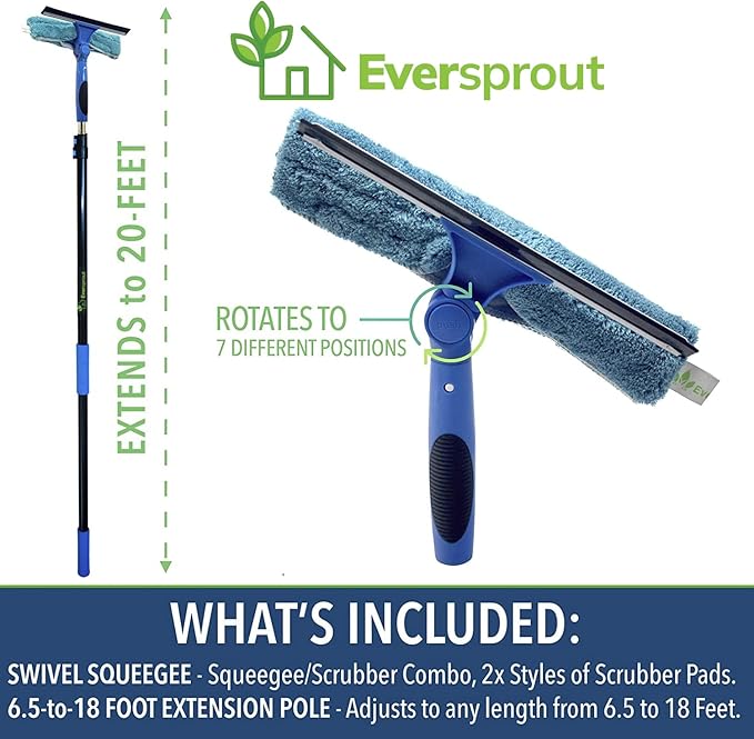 EVERSPROUT 7-to-20 Foot Swivel Squeegee & Microfiber Glass Window Scrubber, Window Squeegee & Window Cleaner, Light-Weight Window Washing Kit with Extension Pole, Squeegee for Window Cleaning