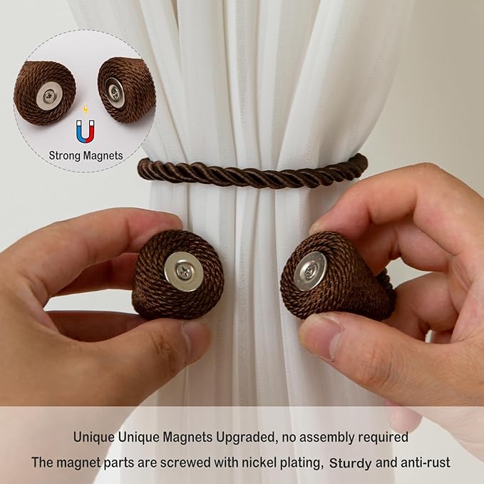 Magnetic Curtain Tiebacks 2 Pack Outdoor Rope Curtain Tie Backs Decorative Window Treatment Holdbacks for Home Decorative Curtain, Coffee