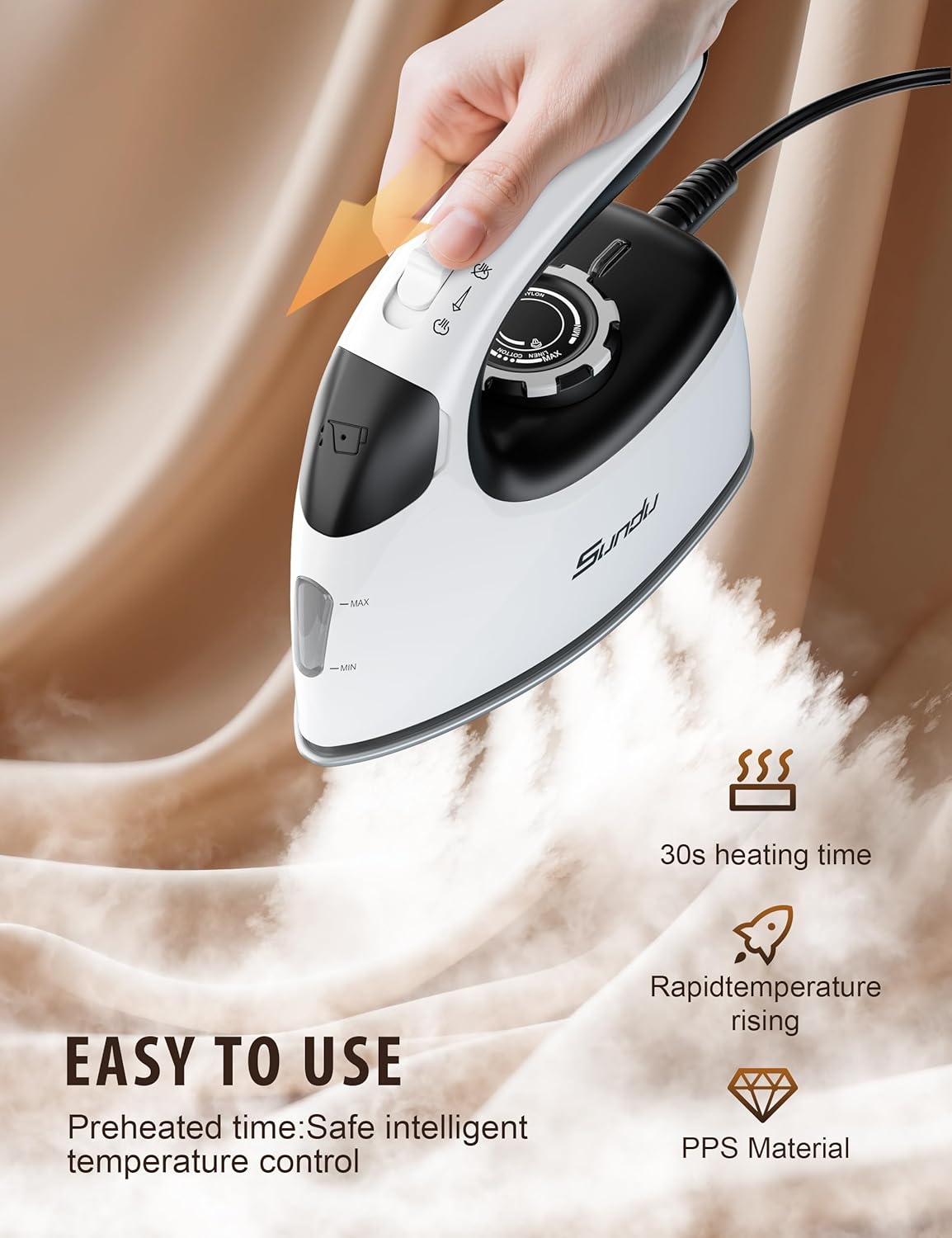 Sundu Mini Steam Iron, Mini Travel Steam Iron, Small Portable Clothes Mini Iron with Rotary Temperature Control, Safety Base for Travel, Quilting & Sewing | Mini Iron for Sewing, White