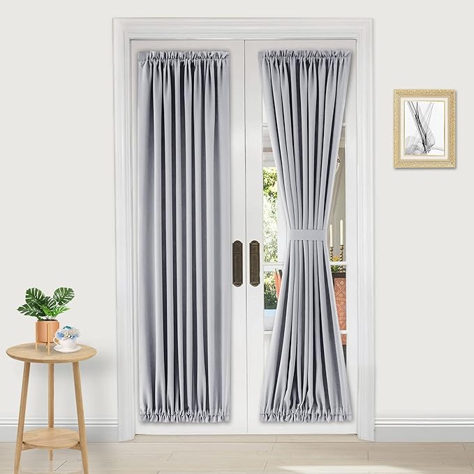 DWCN French Door Curtains – Rod Pocket Thermal Blackout Curtain for Doors with Glass Window, Kitchen and Patio Doors for Privacy, 25 X 72 Inches Long, 1 Curtain Panel with Tieback，Silver Grey