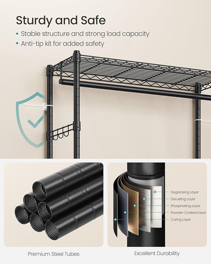 SONGMICS Heavy-Duty Rolling Clothes Rack, Garment Rack, Portable Closet, 29.5-Inch Wide Clothing Rack on Wheels, with Adjustable Mesh Shelves and Hanging Rails, Hooks, Ink Black ULGR412B01