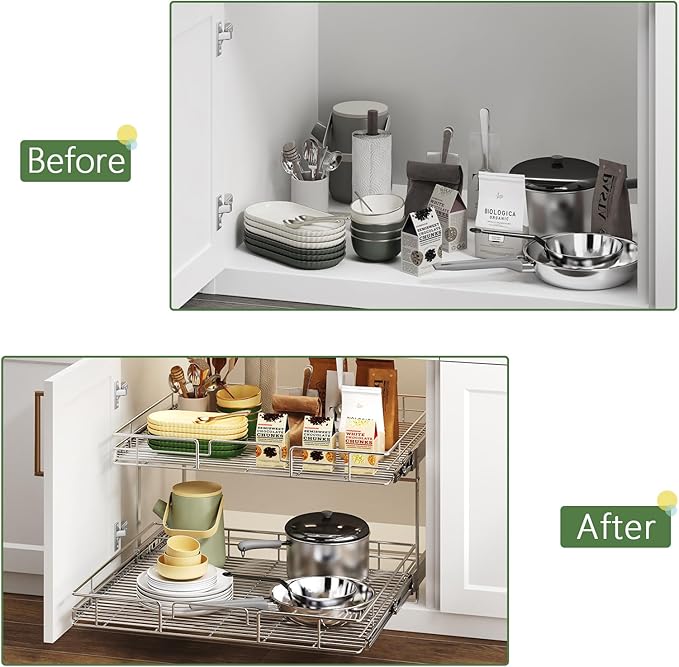 2 Tier Individual Pull Out Cabinet Organizer 30" W x 21½" D, Heavy Duty Cabinet Pull Out Shelves, Slide Out Drawers Organization for Kitchen Cabinets Bathroom